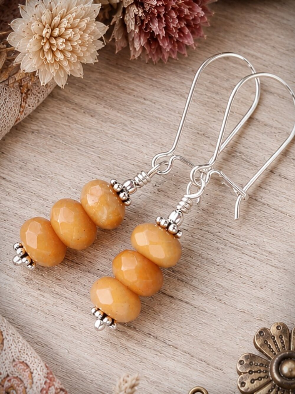 Honey Calcite Gemstone Earrings 925 Sterling Silver